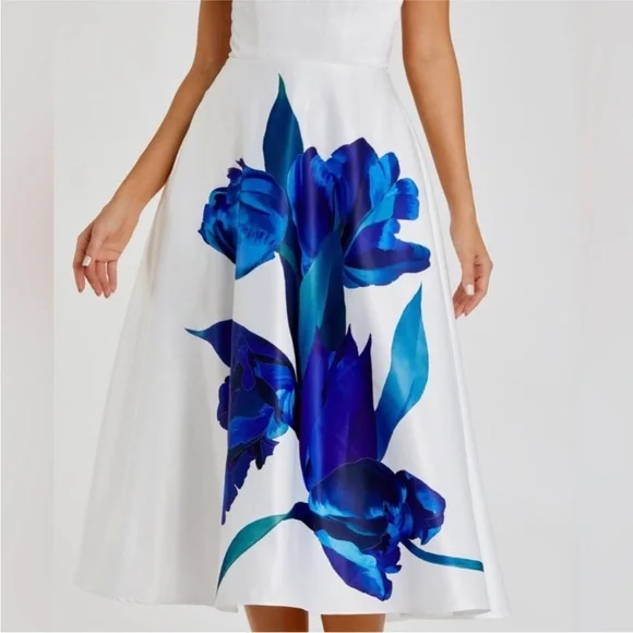 NWT Mac Duggal 21075 Strapless White Blue Floral A-Line Dress Size 14 - Picture 7 of 8